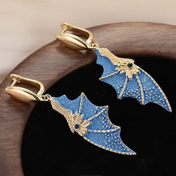 Dragon Wing Earrings Goldtone Blue 18K Gold Plate 108A3 - Picture 1 of 6